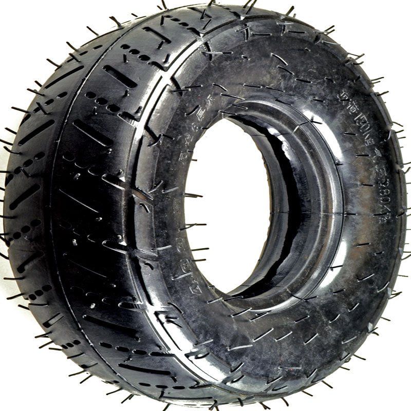 4.00-6 Minimoto Maxii Rear Tire with spikes visible on the tread, suitable for the Minimoto Maxii electric pocket bike. Note: Excess rubber may require trimming before mounting.