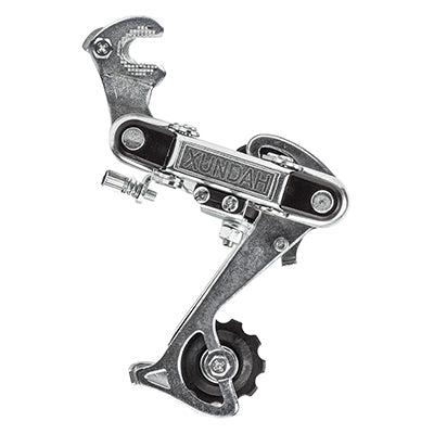 Close-up of the 5/6/7 Speed Long Cage Rear Derailleur, showcasing the intricate metal gear and pedal mechanism, ideal for enhancing performance in bikes and scooters.