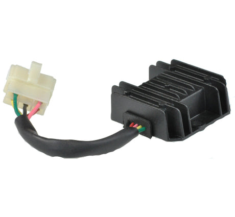 5-Pin 1-Plug Type W Rectifier (Voltage Regulator), featuring visible wires and connectors, designed for motorsports electronics, captures a close-up of its intricate details and functions to regulate voltage during ignition.