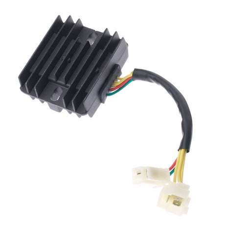 5-Pin 250cc ATV Rectifier (Voltage Regulator) with 2+3 Split Connector; features black casing with attached wires, compatible with select Baja Motorsports and Coolster ATVs, scooters, and dirt bikes.