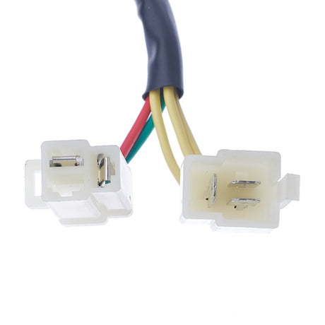 Close-up of a 5-Pin 250cc ATV Rectifier (Voltage Regulator) with a 2+3 split connector, showing a white plastic connector with metal parts, suitable for select Baja Motorsports and Coolster ATVs.