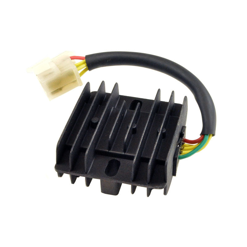 5-Pin 250cc ATV Rectifier (Voltage Regulator) with 2+3 Split Connector, showing multiple wires and connectors suitable for Baja Motorsports and Coolster ATVs.