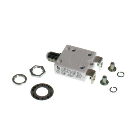 50 Amp Circuit Breaker with Right Angle Screw Terminals, featuring a small white body with visible screws and nuts, suitable for various mobility scooters and power chairs from brands like Jazzy and Pride.