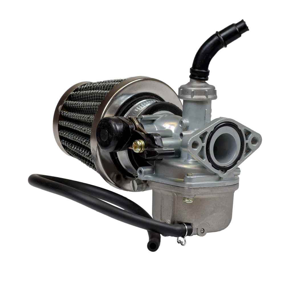 Close-up of the 50cc, 70cc, 90cc, 110cc, 125cc PZ19 Go-Kart Carburetor with 19 mm intake and right-side manual choke, showcasing the intricate metal parts and mounting holes.