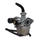 Close-up of a 50cc, 70cc, 90cc, 110cc, 125cc PZ19 Go-Kart Carburetor with 19 mm intake and right side manual choke, showcasing its metal components and mounting holes.