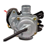 Close-up of a 19 mm PZ19J Carburetor for 2-Stroke 50cc 1E40QMB Engines, showing intricate parts and electric choke, designed for scooters, ATVs, and dirt bikes.