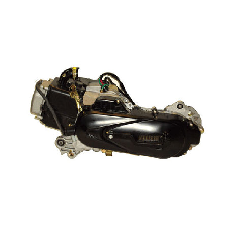 Close-up of a 50cc Long Case 4-Stroke GY6 139QMB Scooter Engine with Automatic CVT, showcasing its components including the electric starter, kick start, and CVT cover.