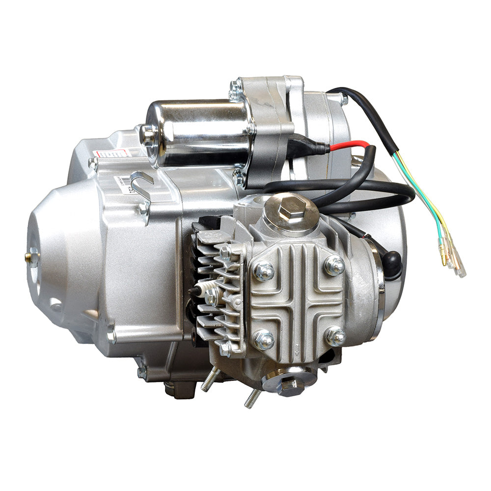 50cc Engine with Auto-Clutch & Electric Start for ATVs, featuring a silver body, black wires, and visible bolts. Ideal for go-karts, includes reverse gear and electric start for convenience.