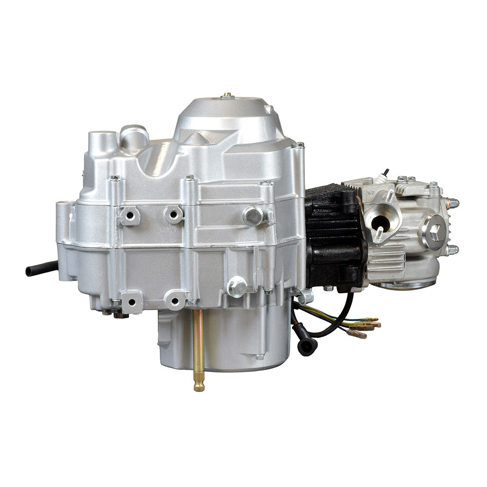 50cc Engine with Auto-Clutch & Electric Start for ATVs, featuring visible black parts, wires, screws, and a reverse gear. Ideal for go-karts, this engine supports 1D-N-R gearing.