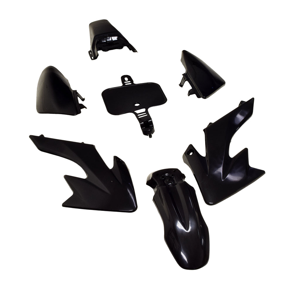 Honda CRF Style 50cc - 70cc Dirt Bike Fender & Body Panel Set (Small) (Black) (Blemished) featuring black plastic components, including fenders, side covers, and panels, designed to fit Honda CRF dirt bike clones.