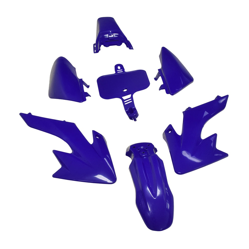 Honda CRF Style 50cc - 70cc Dirt Bike Fender & Body Panel Set (Small), featuring multiple blue plastic components, including fenders and side panels, designed to rejuvenate dirt bikes.