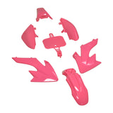 Honda CRF Style 50cc - 70cc Dirt Bike Fender & Body Panel Set (Small) featuring seven pink plastic components, including front and rear fenders, gas tank side covers, side panels, and a number plate.