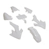 Honda CRF Style 50cc - 70cc Dirt Bike Fender & Body Panel Set (Small) displayed shows various white plastic parts including fenders, side covers, and panels, designed for dirt bike rejuvenation.