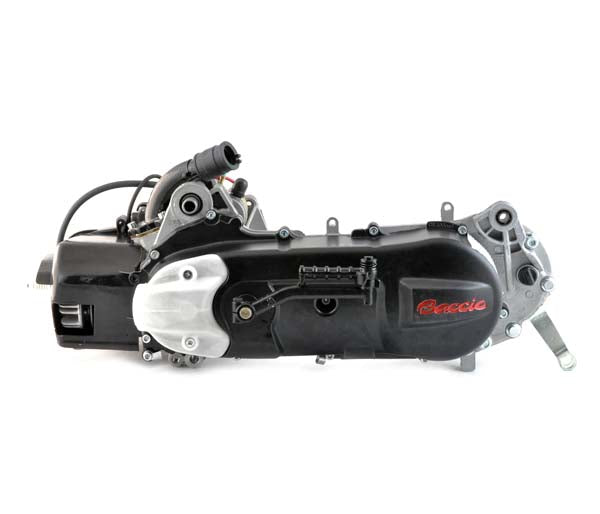 50cc Long Case 2-Stroke 1PE40QMB Minarelli Yamaha Jog Style Scooter Engine, featuring a close-up view of its black and silver components, designed for drum brakes.