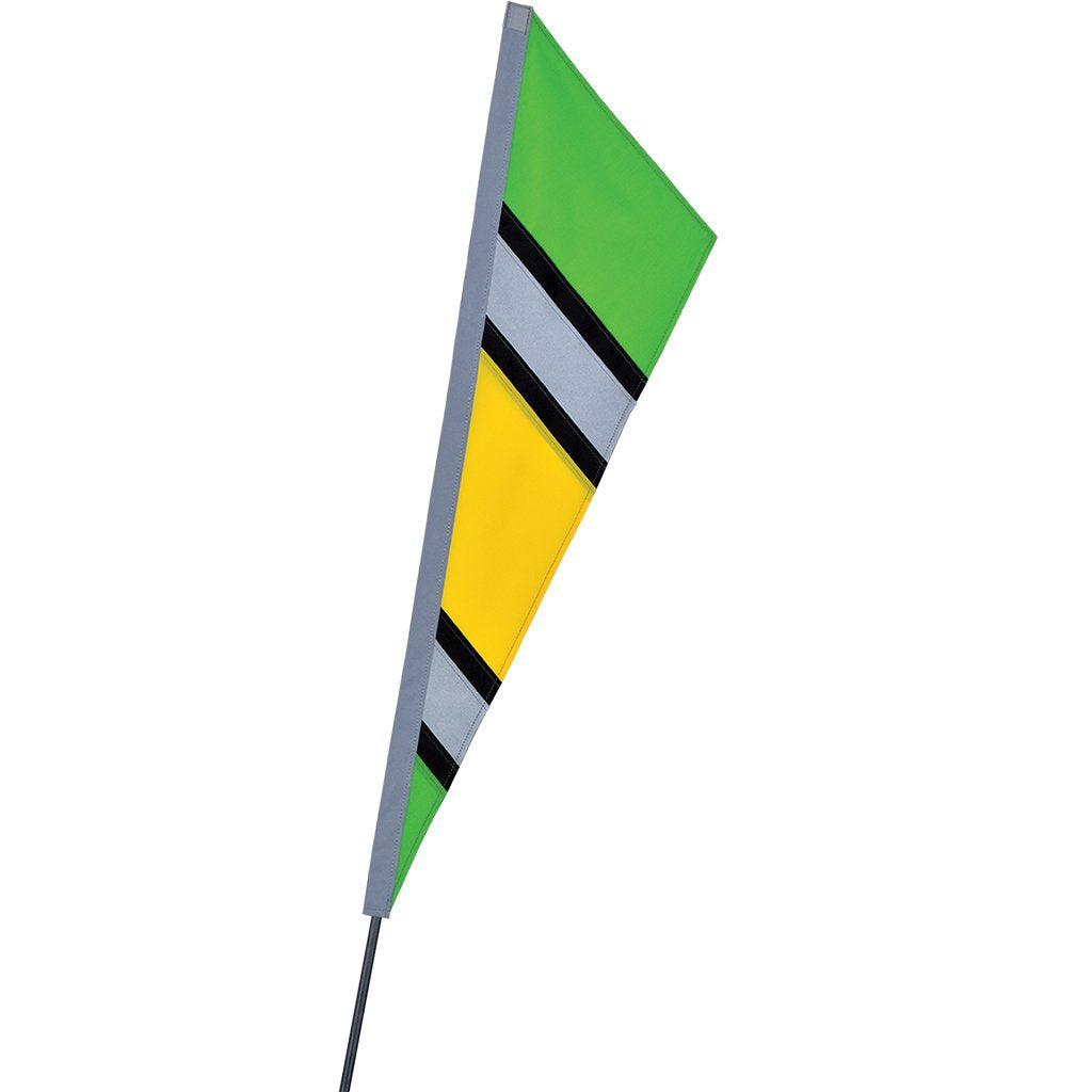 Reflective Fanion for Mobility Scooters & Power Chairs: Close-up of a green, yellow, and black flag with two reflective panels, attached to a 72 pole.