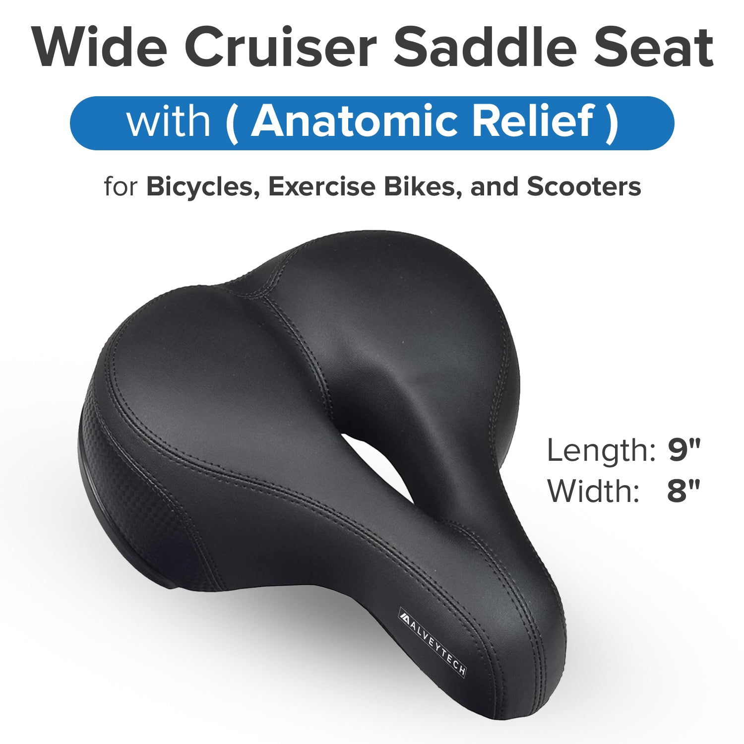 Wide Cruiser Saddle Seat with Anatomic Relief for Bicycles, Electric Bikes, & Scooters