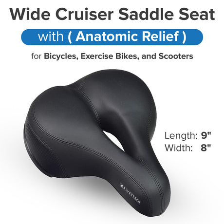 Wide Cruiser Saddle Seat with Anatomic Relief for Bicycles, Electric Bikes, & Scooters