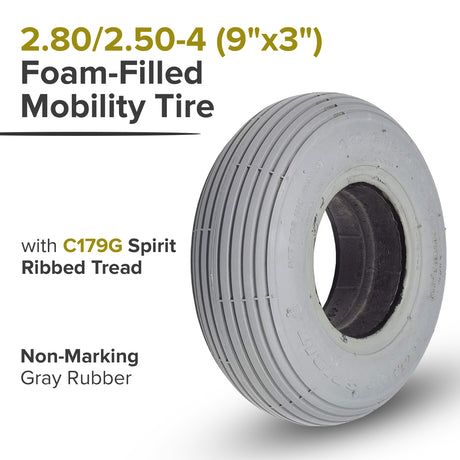 2.80/2.50-4 (9"x3") Foam-Filled Mobility Tire with C179G Spirit Ribbed Tread