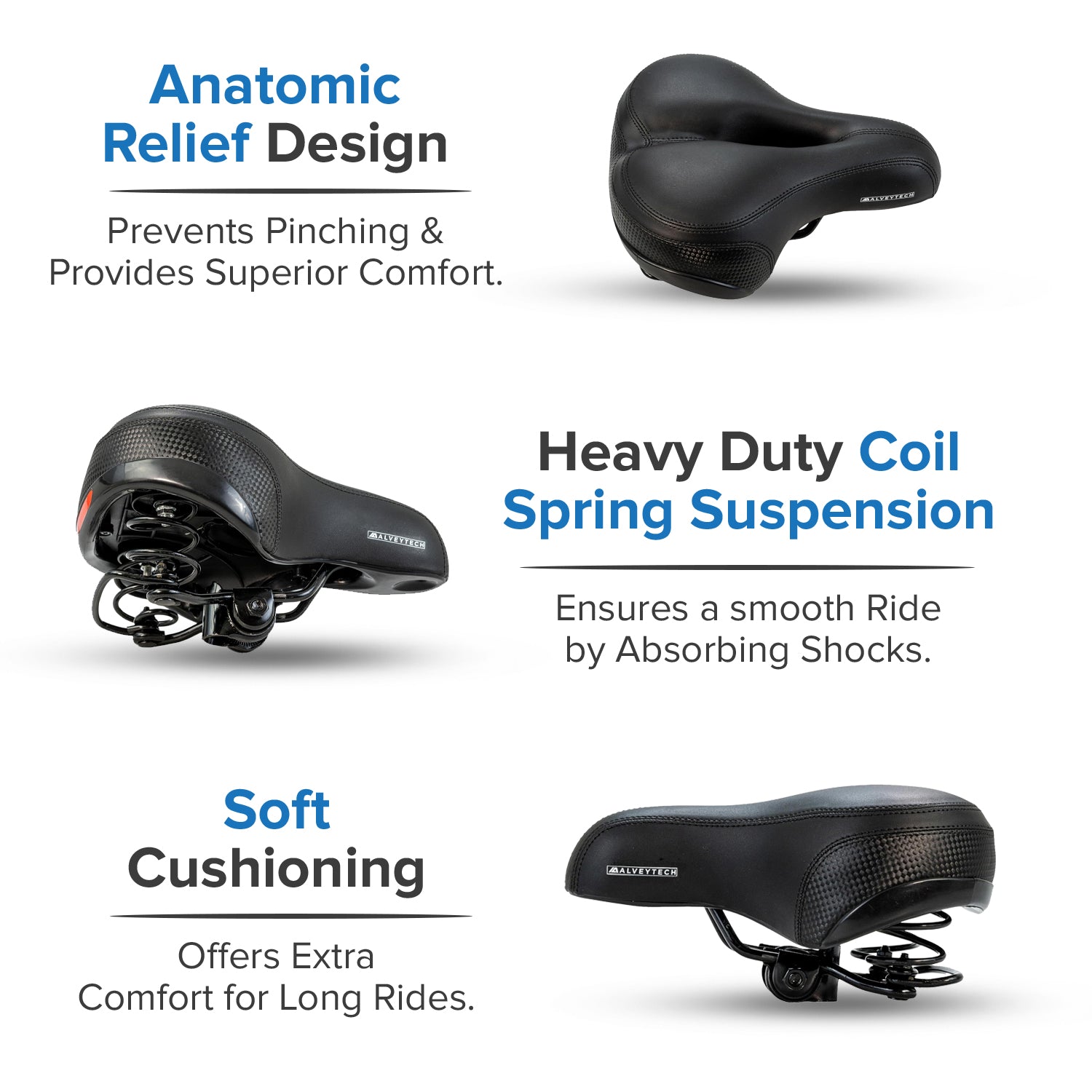 Wide Cruiser Saddle Seat with Anatomic Relief for Bicycles, Electric Bikes, & Scooters