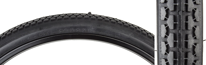 Close-up of a 26x1-3/4 Black Street S7 Classic Bicycle Tire with K106 Tread, featuring detailed tread pattern for reduced rolling resistance, ideal for urban use.