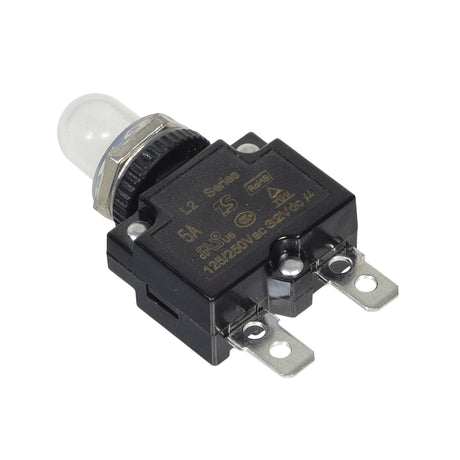 5 Amp (5A) 32VDC 125/250VAC Push-Button Reset Circuit Breaker with 1/4 Tab Terminals, featuring a black and silver push button with a protective clear plastic boot, suitable for scooters and electric vehicles.