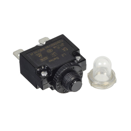 5 Amp (5A) 32VDC 125/250VAC Push-Button Reset Circuit Breaker with a clear protective boot on a black switch, featuring a knob and tab terminals, suitable for electric scooters and mobility devices.