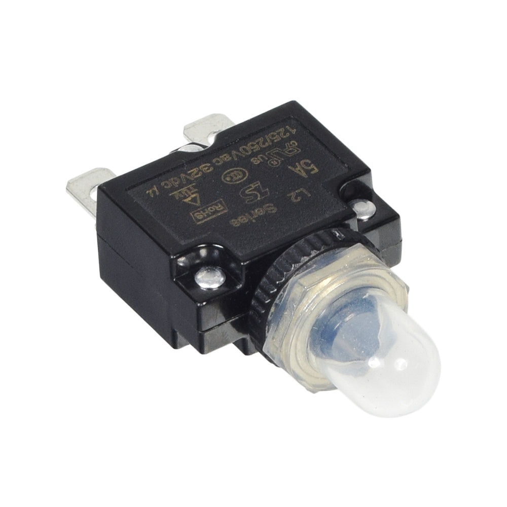 5 Amp (5A) 32VDC 125/250VAC Push-Button Reset Circuit Breaker with 1/4 Tab Terminals, featuring a clear light bulb cover and a black switch, designed for electric scooters and mobility devices.