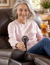 MSCC-FAN personal cooling fan positioned on a Golden lift chair recliner for airflow at the head and shoulders