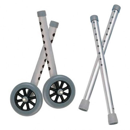 5 Extension Wheel and Leg Combo Pack for Drive Medical Walkers, featuring two 5 black wheels and two leg extensions, designed to increase walker height and mobility for taller users.