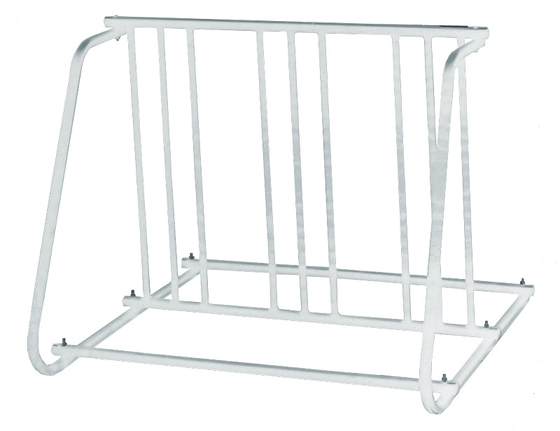 Silver 6-Bike Parking Rack with handle, designed by Sunlite for bicycles and scooters, displayed in a clean, minimalistic sketch-style image.