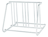 Silver 6-Bike Parking Rack with handle, designed by Sunlite for bicycles and scooters, displayed in a clean, minimalistic sketch-style image.