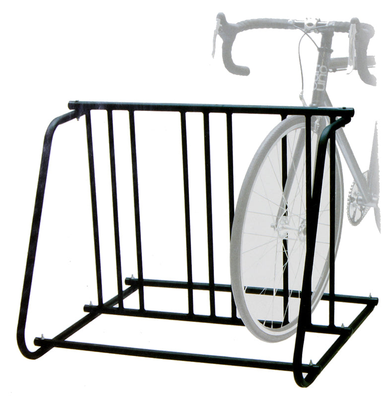 Silver 6-Bike Parking Rack holding a bicycle securely; visible metal construction with a sturdy design, perfect for various bikes and scooters.