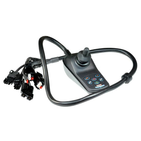 6 Key 50 Amp VSI Joystick Controller with Flying Leads, featuring a black remote control with attached wires, designed for controlling direction, speed, and power accessory actuators of a power chair.