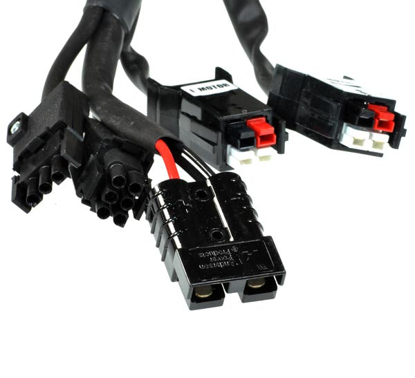 Close-up of a 6 Key 50 Amp VSI Joystick Controller with flying lead connectors, showcasing its black electrical cables and connectors, essential for controlling power chair functions like speed and direction.