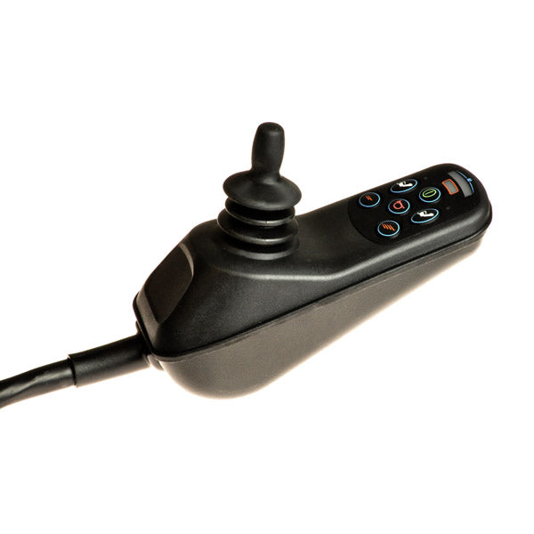 6 Key 70 Amp VSI Joystick Controller with Jazzy 1122 Program **CLEARANCE**: Black remote control with multiple buttons, joystick, boot, knob, leads, and heat shield, designed for power chair operation and adjustments.