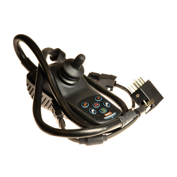 6 Key 70 Amp VSI Joystick Controller with Jazzy 1122 Program **CLEARANCE** featuring a black remote control with attached wires, joystick, knob, and leads, designed for power chair user interface.