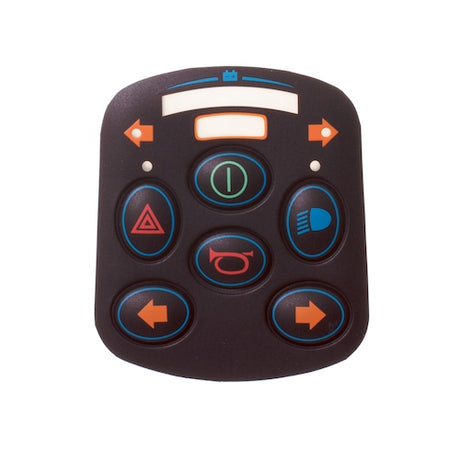 Keypad for 6 Key VSI Joystick Controller with Lighting, featuring colorful buttons and a red and blue logo, designed for Pride Mobility scooters.