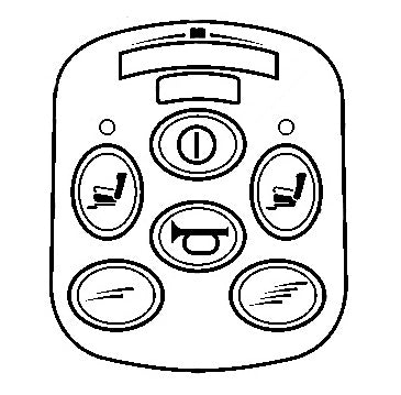 Keypad for 6 Key VSI Joystick Controller featuring a black and white drawing of labeled keys, including icons for battery meter, speed control, horn, and actuator lights, designed for Pride Mobility scooters.