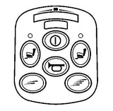 Keypad for 6 Key VSI Joystick Controller featuring a black and white drawing of labeled keys, including icons for battery meter, speed control, horn, and actuator lights, designed for Pride Mobility scooters.