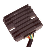 Close-up of a 6-Pin Rectifier (Voltage Regulator) with 3+3 Split Connector for 250cc Engines, showcasing the black electronic device and a visible cable connection.