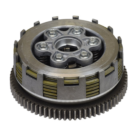 Clutch Assembly with 6 Plates for 200cc & 250cc ATVs & Dirt Bikes, featuring a robust metal gear with a circular center, ideal for GY6-powered vehicles, shown in a close-up view.