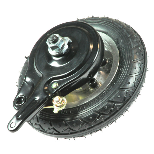 6 Rear Wheel Assembly with Chain Sprocket for the eZip Nano and Nano Carver electric scooter, showcasing the wheel, rim, belt sprocket, brake drum, axle, and hardware in a close-up view.