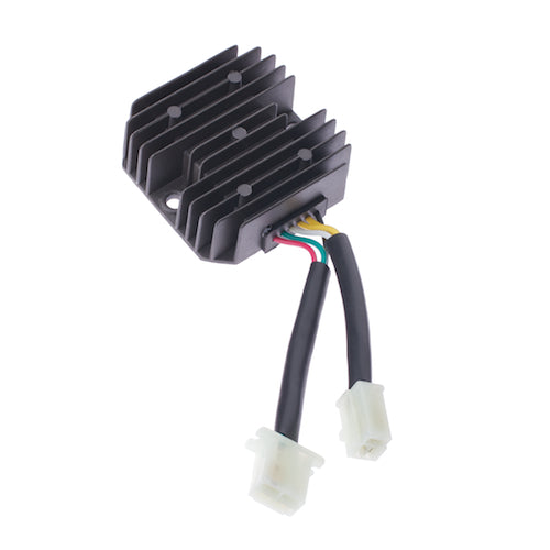 6-Wire 2-Plug Rectifier (Voltage Regulator) for 250cc Engines, showcasing black electronic device with visible wires and connectors, essential for Chinese scooters and ATVs.