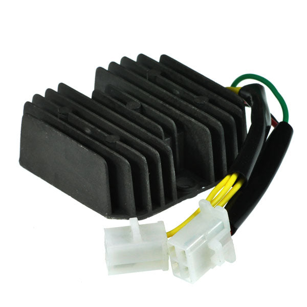 6-Wire 2-Plug Rectifier (Voltage Regulator) for 150cc Engines, featuring a compact black electronic device with visible wires and connectors.