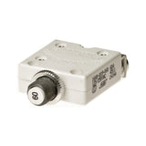 60 Amp Circuit Breaker with Right Angle Screw Terminals, featuring a white electrical device with a round metal knob, suitable for various mobility scooters including the PaceSaver Scout and Pride Mobility models.