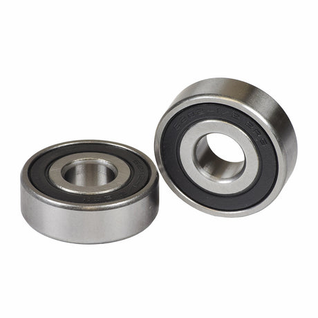 Close-up of the 6202-1/2 2RS Sealed Mobility Scooter & Power Chair Wheel Bearings (Set of 2), highlighting their metal construction and circular design.