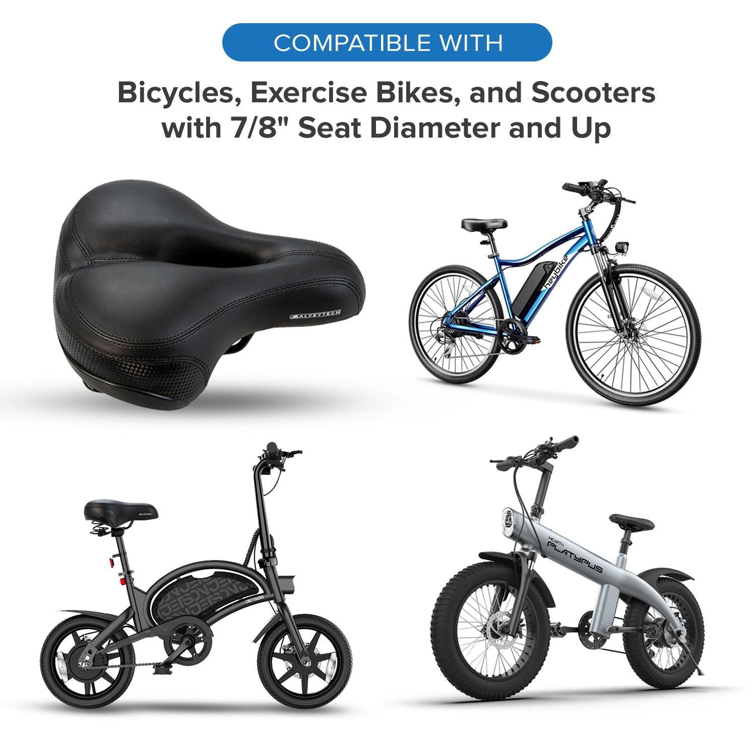 Wide Cruiser Saddle Seat with Anatomic Relief for Bicycles, Electric Bikes, & Scooters