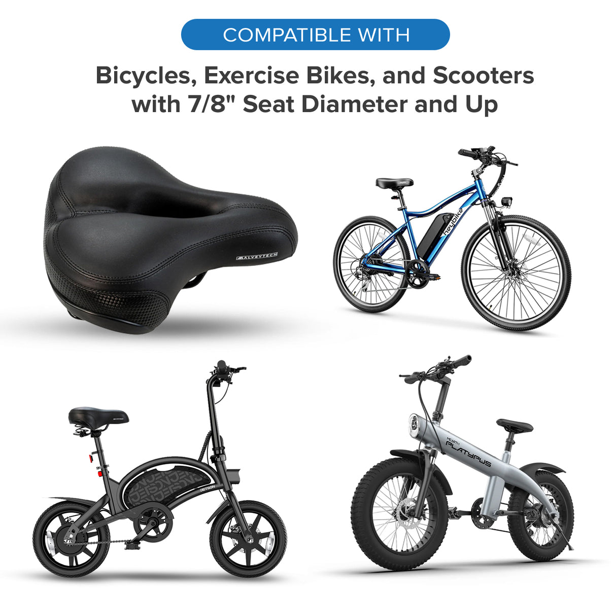 Wide Cruiser Saddle Seat with Anatomic Relief for Bicycles, Electric Bikes, & Scooters