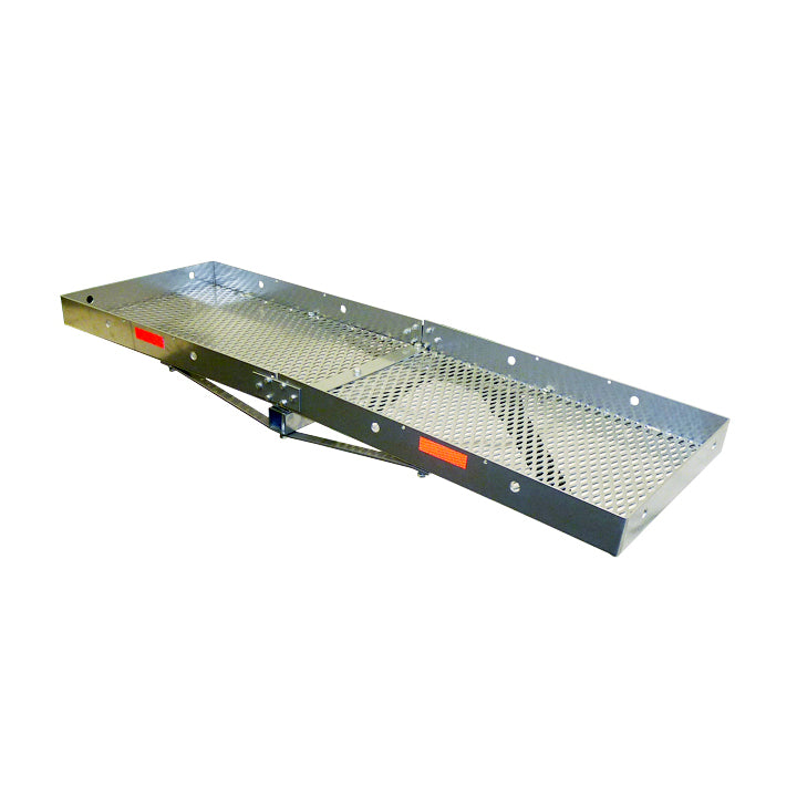 60” x 20” Aluminum Cargo Carrier with a metal platform, handle, high sides, and mesh bottom, designed for hauling up to 400 lbs. of gear, fits any Class III hitch.