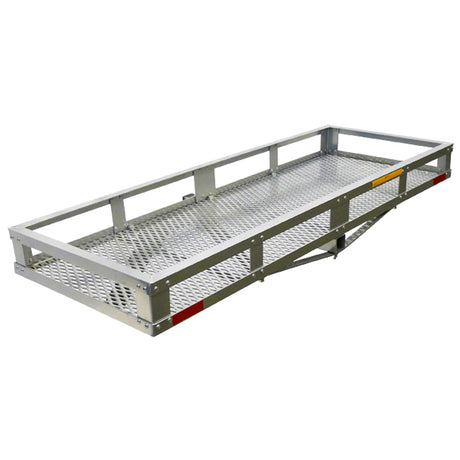 60” x 20” Aluminum Cargo Carrier with a metal frame, 5-1/2 high sides, and a strong mesh bottom, designed to fit any Class III (2) hitch, supporting up to 400 lbs.